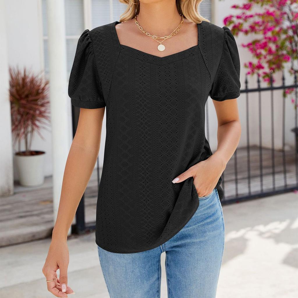 Women's Fashion Square Neck Splicing Solid Color Short Sleeve