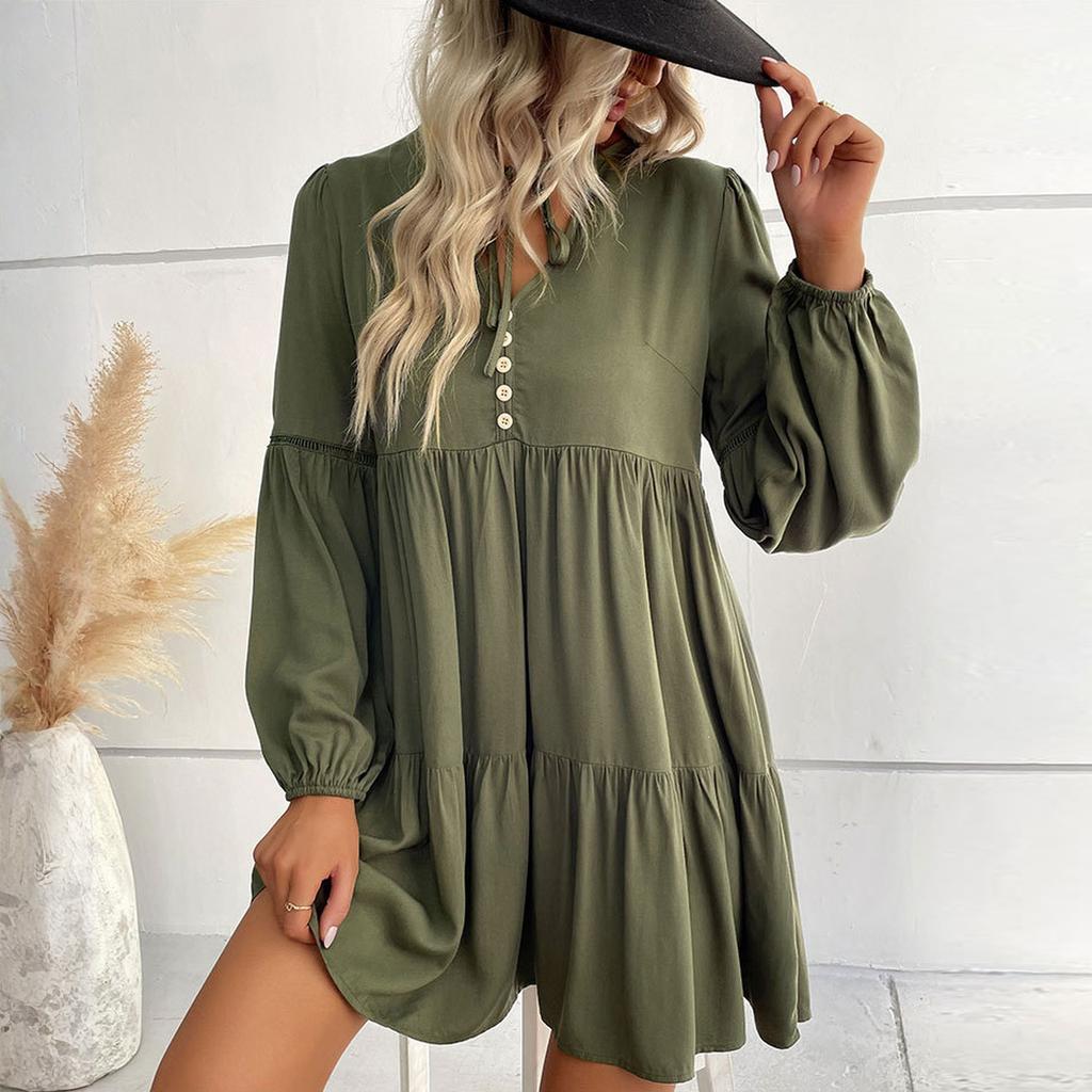 Women's Fashionable Solid Color Long Sleeved V-neck Pleated Casual Loose Dress