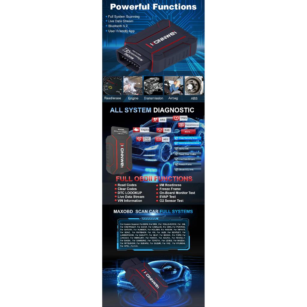 KONNWEI MAXOBD BT 5.2 Full Car System OBD2 Diagnostic Tool For BMW For Benz Code Read Engine ABS For IOS/Android
