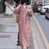 Women's Pink Floral Embroidery Half-Sleeve Maxi Dress V-Neck Loose Casual Linen Blend Long Dress