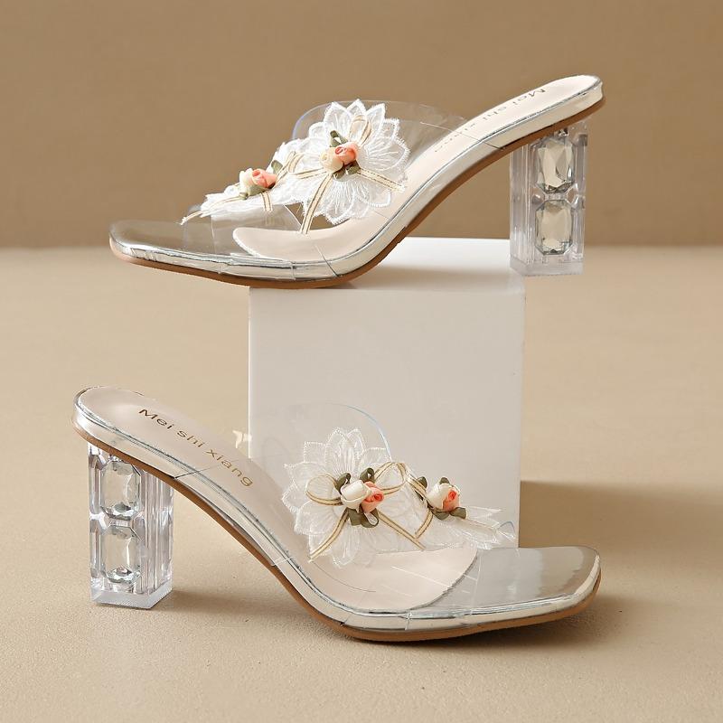 Fashion 2025 Summer New Women's Open Toe Slippers Fashion Floral Square Toe Chunky Heels Sandals Outdoor Daily Dress Modern Slippers