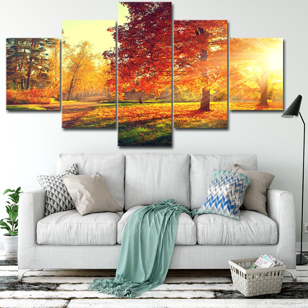 Canvas Painting Modern 5 Pieces/Pcs Sunset Landscape Art Autumn Scenery Live Wall HD Decoration Modular Forest Picture Poster