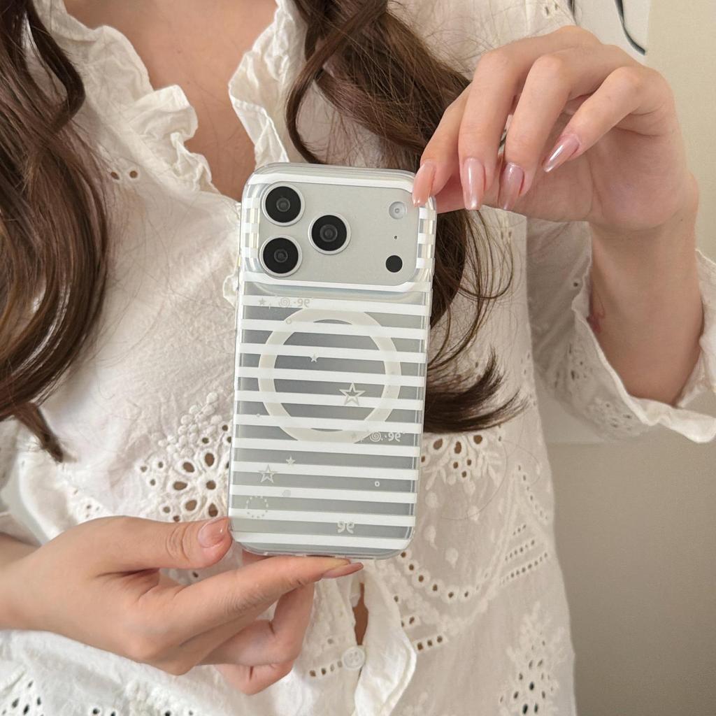Korean Style Stripes & Stars Foldable Stand Case, Compatible with iPhone 15/16/17 Pro Max