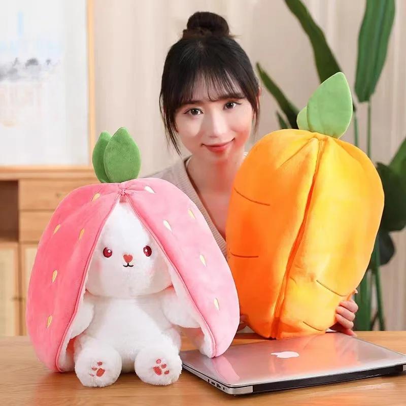 New Transformation Fruit Rabbit Plush Toys for Children with Sleep Pillow Birthday Gift Female Strawberry Carrot Rabbit Dolls
