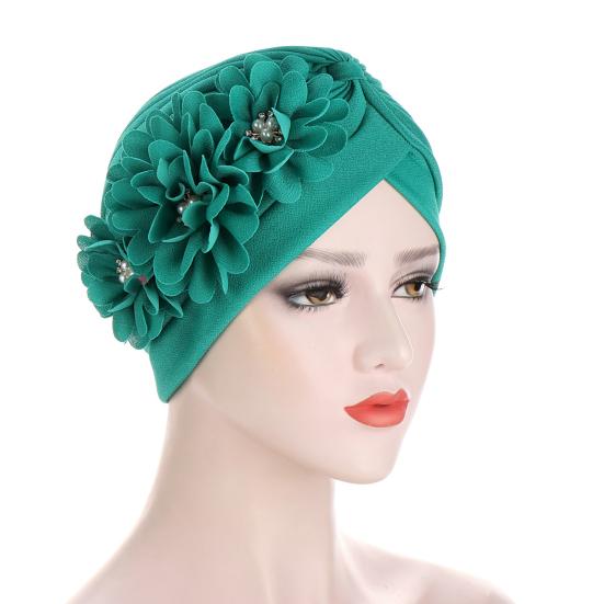 Three Flower Decal Design Turban Hat Elastic Hijab Cap Hair Loss Cover Headwear