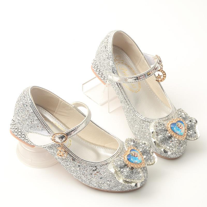 

Girls high-heeled shoes, Frozen-themed shoes, baby shoes to match dresses for runway shows silver Leather shoes, children s chunky-heeled princess 27Code/18cm серебряный