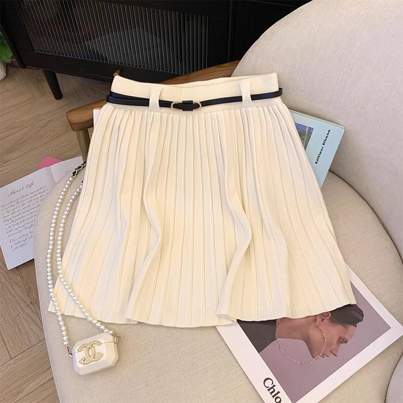 

Oatmeal Knit Pleated A-Line Midi Skirt - High Waist Slimming Style for Women One Size 80-145kg