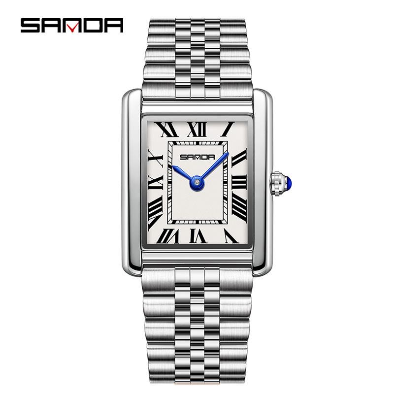 Montre à Quartz pour Femme Sanda, Petit Cadran, Chiffres Romains, Mode Étanche Rectangulaire, Design Couple.
