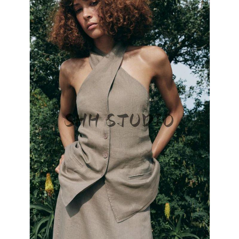 Linen Blended Hanging Collar Vest-Style Tops 2731097 Plaid A- Line Midi Skirt Long Skirt 2731076