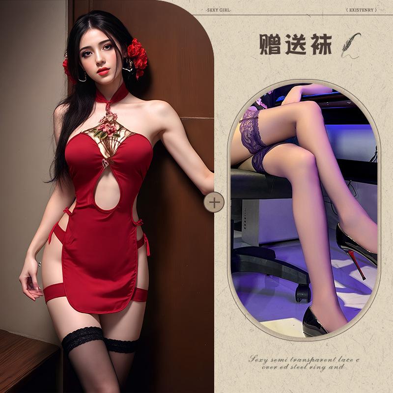 Sex Underwear Hollow Embroidery Uniform Sexy Retro Sexual Intercourse Cheongsam Republic of China Style Split Cheongsam