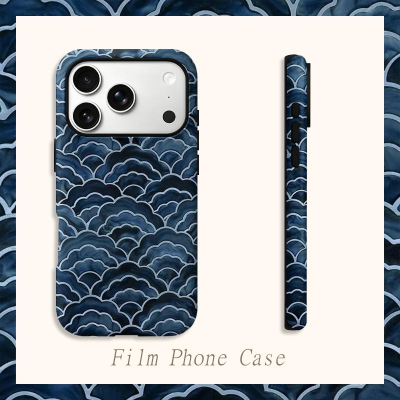 Artistic Oceanic Watercolor Layered Scale Pattern Film Aesthetic Protective Shockproof Bumper Phone Case Cover For iPhone 14 15 16 Pro Max Plus