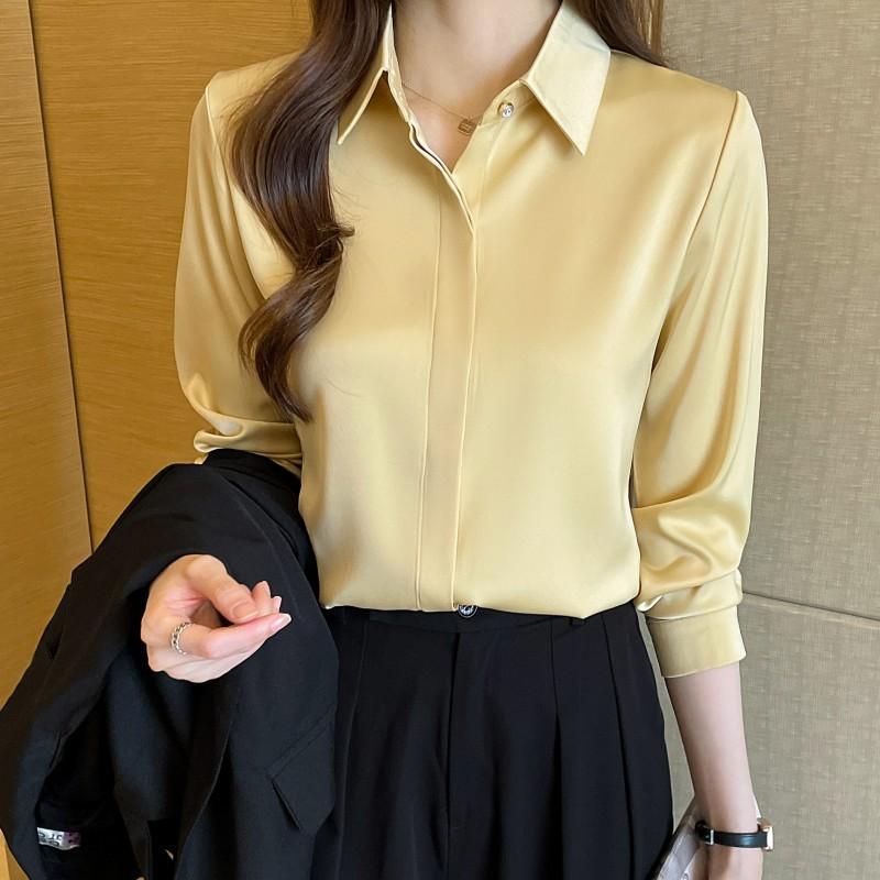 

Рубашка с длинными рукавами, женская весенне-осенняя атласная темпераментная универсальная свободная повседневная рубашка XL жёлтый