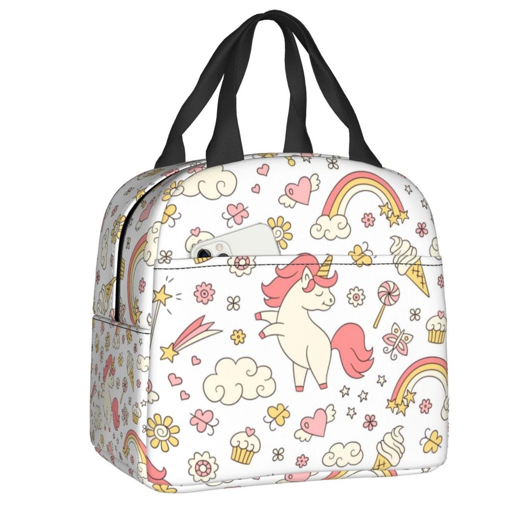 Bonito Unicornio Sentado en la Luna Lonchera Portátil para Mujer Enfriador Impermeable Térmico Aislado para Alimentos Bolsa de Almuerzo para Escolares Niños Estudiantes