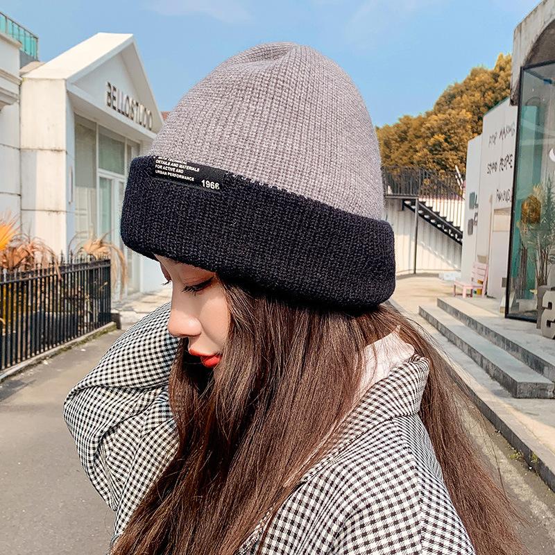 

Hat wool hat women s autumn and winter versatile plain label warm cold hat black wool knitted hat One Size Elastic світло-сірого кольору