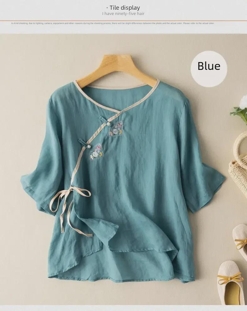 Damen 2024 Sommer Locker Geschnittenes Baumwollleinen Besticktes Hemd mit Schrägkragen, Kurzen Ärmeln und Nationalem Stil