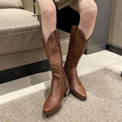 Mode Damenstiefel Mittelhoher Absatz Cowboy Chelsea Western Botas PU-Leder Retro Nieten Gothic Damenschuhe Vintage Braun Kniehoher Stiefel