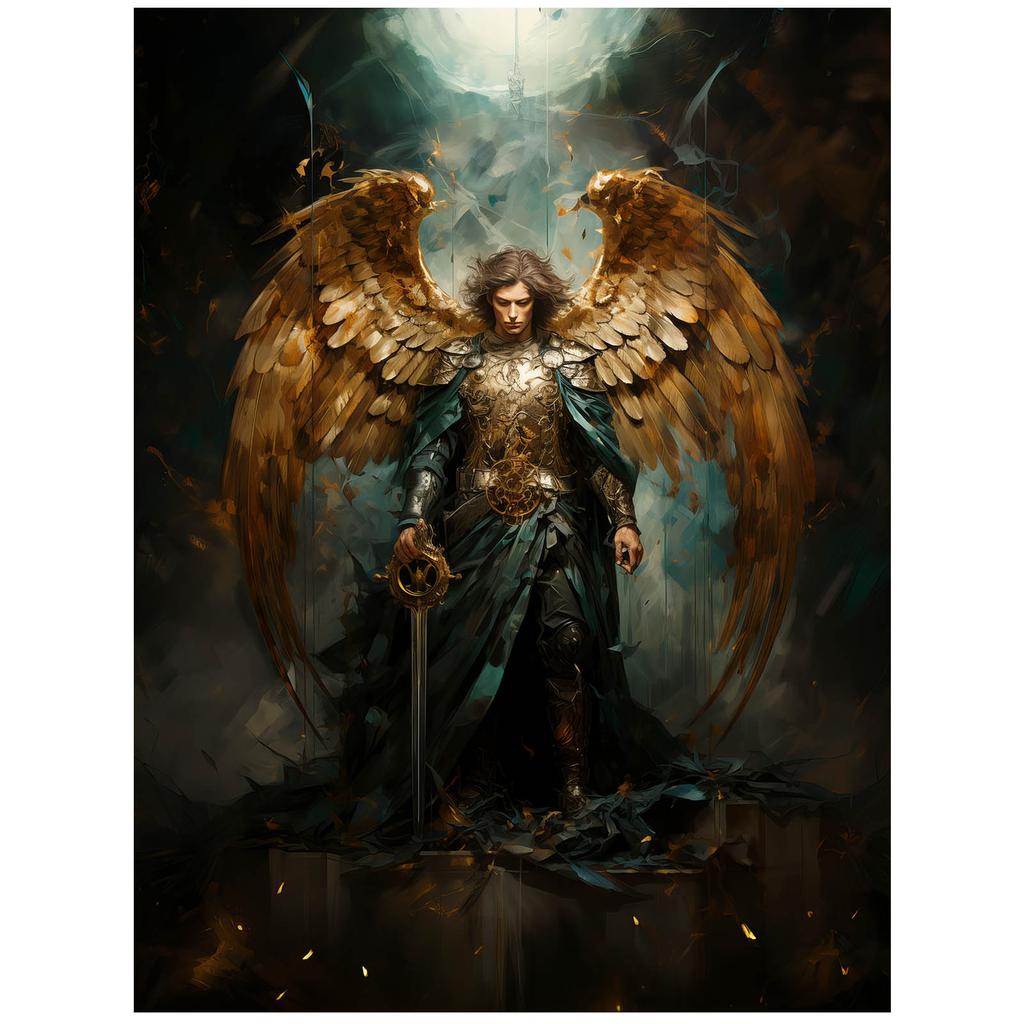 Plakat Święty Michał Archanioł: Blask Złotego Miecza Plakat Święty Michał Archanioł: Blask Złotego Miecza, 30X40 Cm, Rama Aluminiowa Czarna, Papier Ma