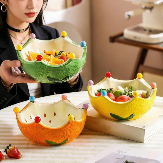 Fruit Plate with Fruit Fork, Ceramic Fruit Bowl, Orange Decorative Snack Serving Dish, for Kitchen Counter And Dining Table