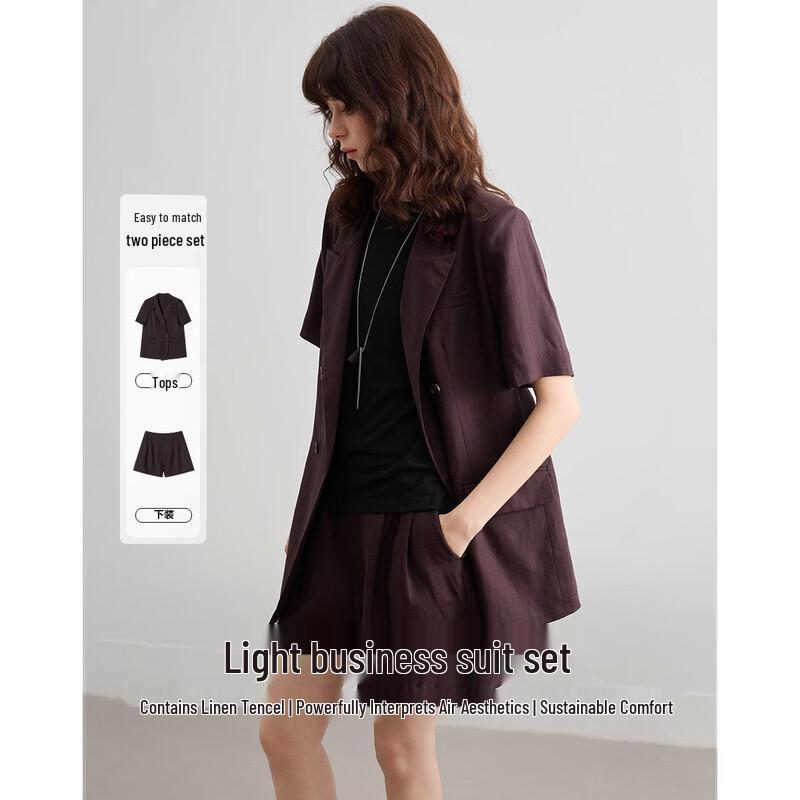 Demana Women s Linen Lyocell Summer Blazer & Shorts Set L