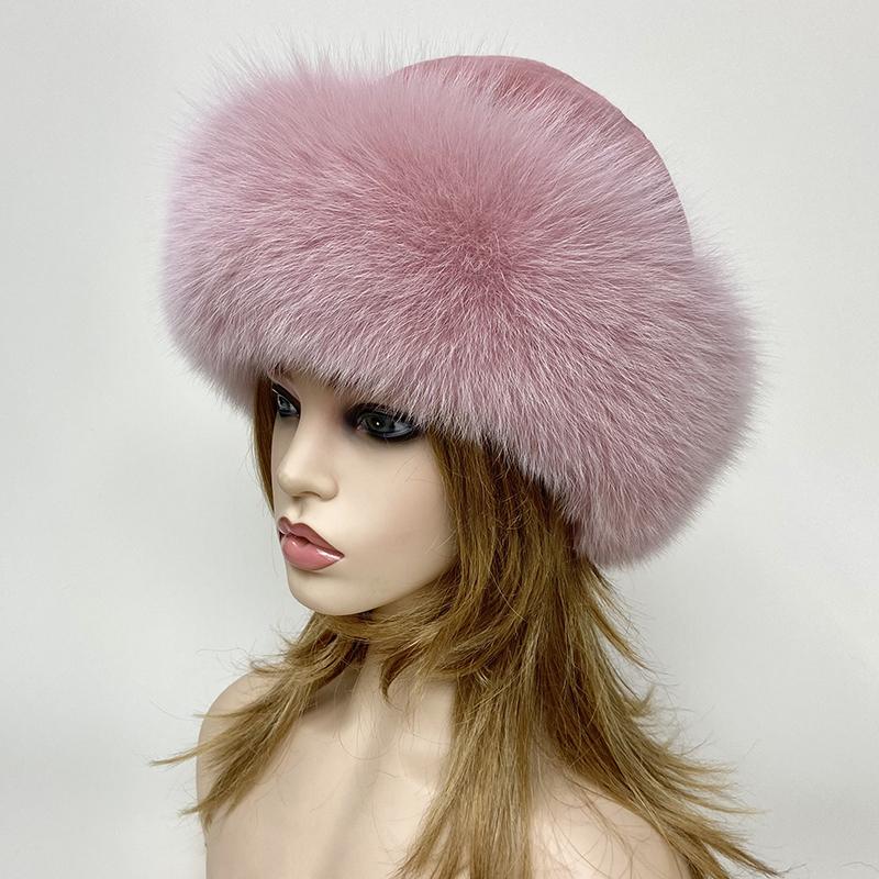 Russian Winter Fur Hat Warm Fluffy Women Round Hat Fluffy Real Fox Rabbit Fur Bucket Hat