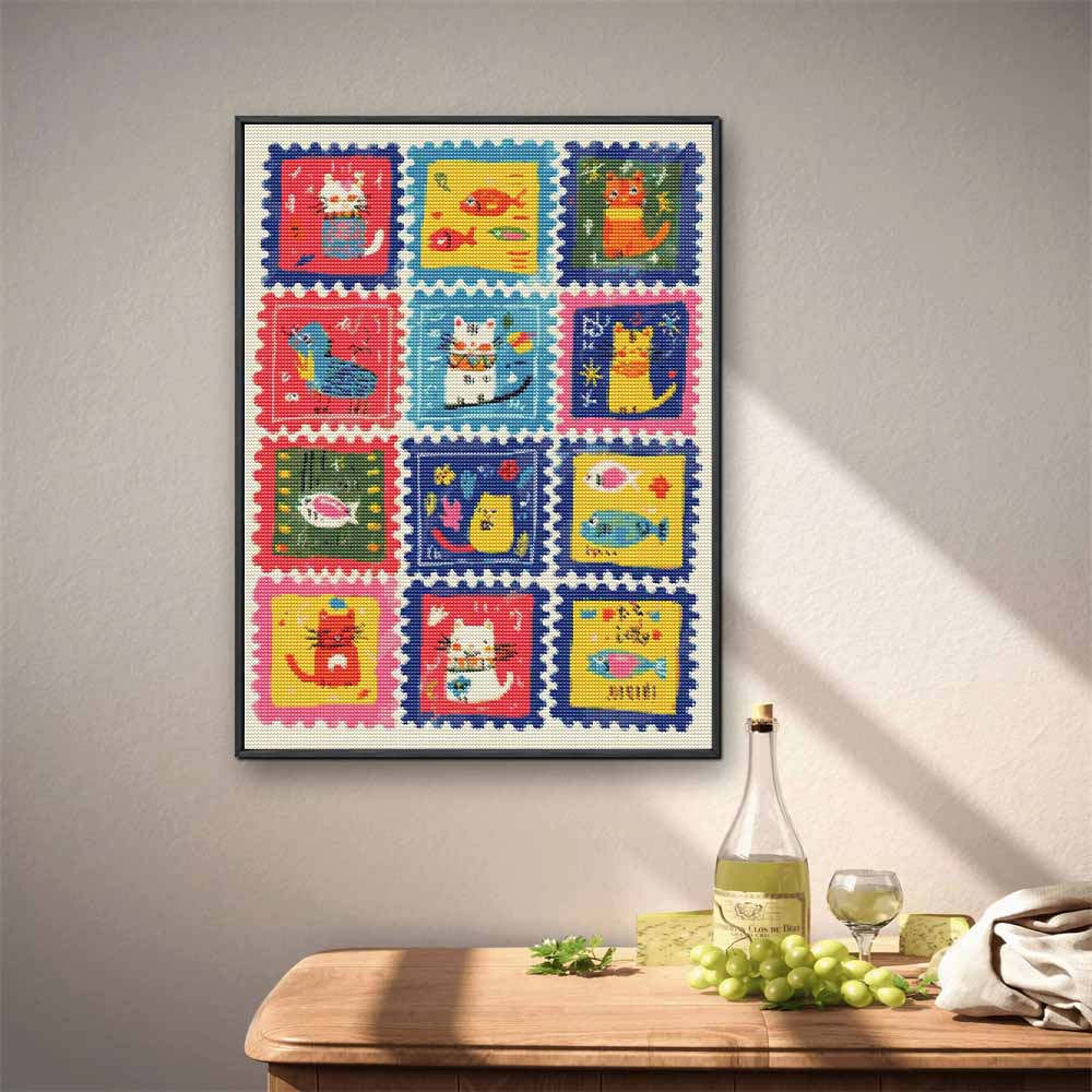 Vollbohrer Diamantmalerei Set Niedliche Katzen und Fische Stempelmuster DIY Kreatives Bastel-Leinwand für Heimdekoration Wandkunst Hobby Geschenkidee