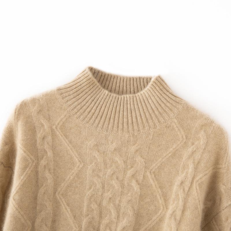 2025 Autumn-Winter Women's Retro Cashmere Cable Knit Sweater, Half-High Collar, Loose Slim Fit