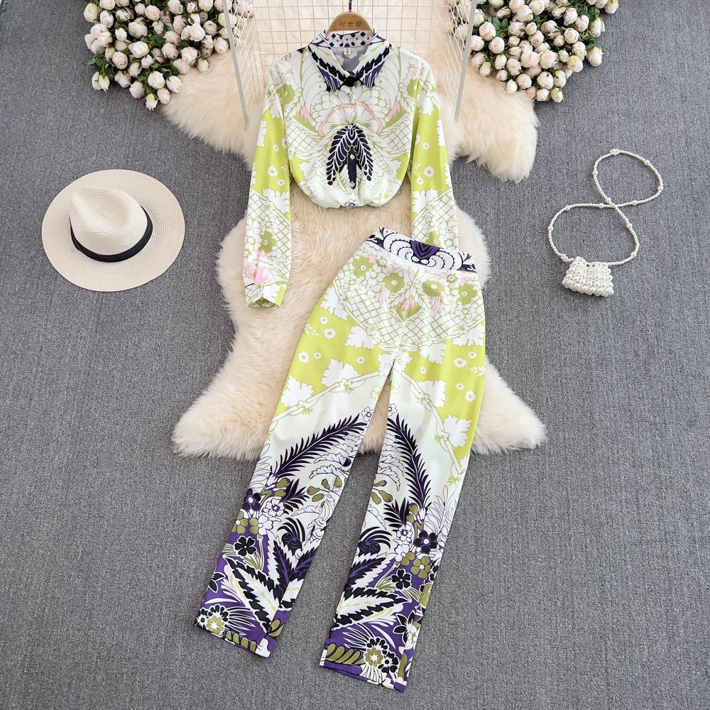 

RUGOD Модные костюмы для женщин в Европе и Америке, однобортная рубашка с лацканами и принтом, повседневные длинные брюки с высокой талией, состоящие из двух частей