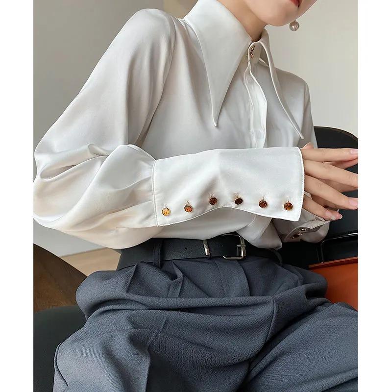 

Women s Elegant Satin High Neck Lantern Sleeve Button Cuff Blouse S белый