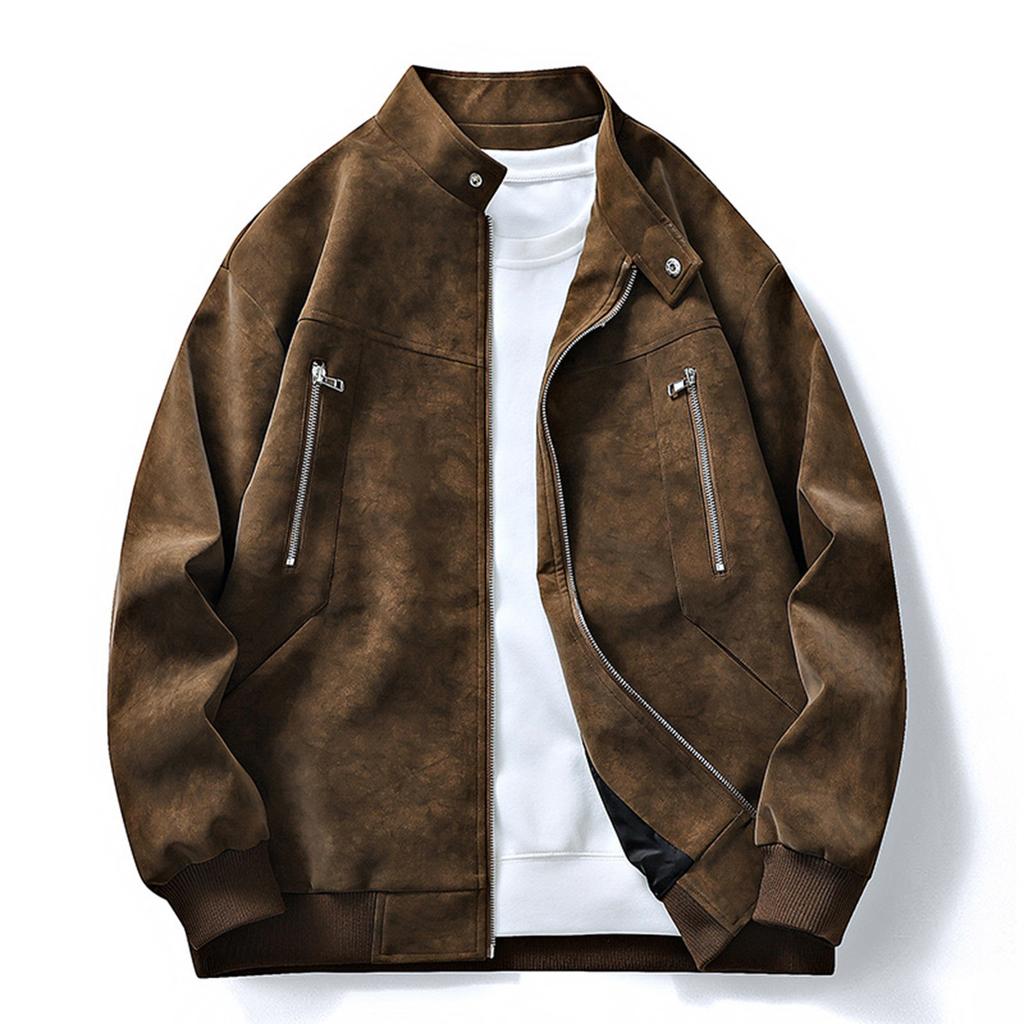 Herren Unifarbene Reißverschluss PU-Leder Stehkragen Jacke Freizeit Sport Motorradjacke