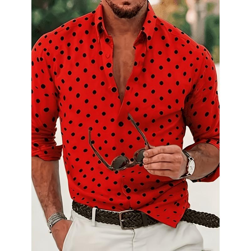 Men's Casual Long-Sleeved Shirt, Polka Dot, Button Closure, Elastic Fabric, Regular Fit, Suitable for Commuting/Street/Halloween/Christmas Gift Giving