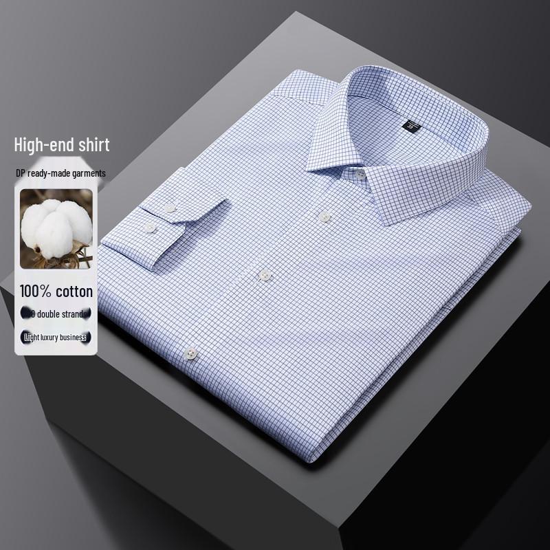 

Winter Three Treasures: Professional Non-Iron 100% Cotton Plaid Long Sleeve Shirt - Brand New High-Grade Fashion 38