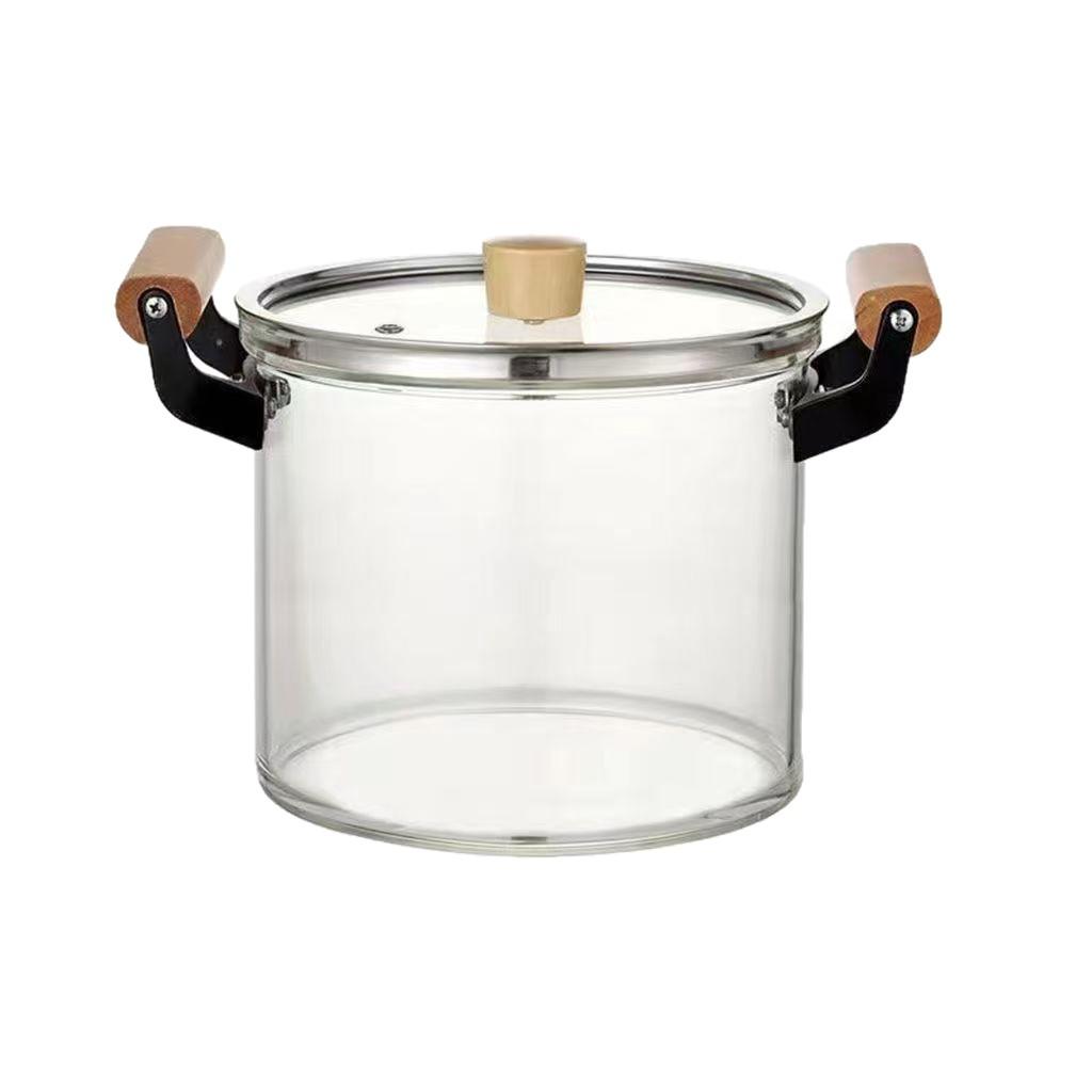 High Borosilicate Glass Soup Pot with Lid for Electric Stoves, Transparent Double Ear, Wood Handle.
