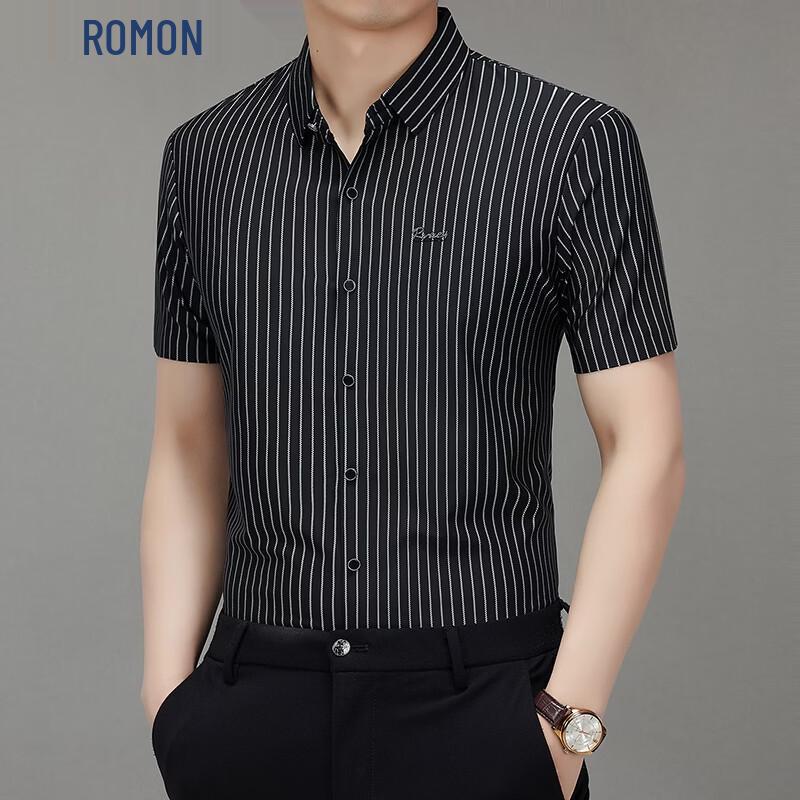 ROMON Men s Striped Short Sleeve Casual Shirt L