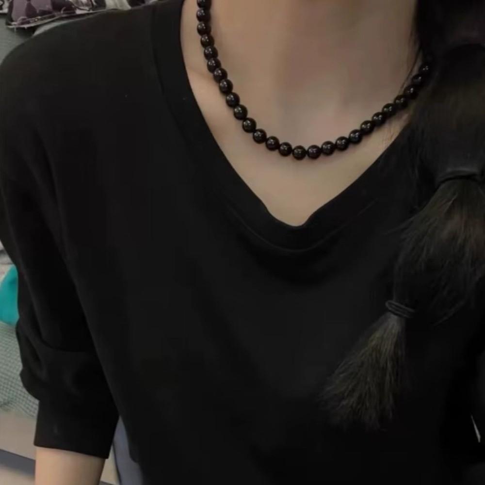 Copper Gold Black Agate Necklace Silver Plated Coin Buckle Chokers Imitation Pearl Necklace Women