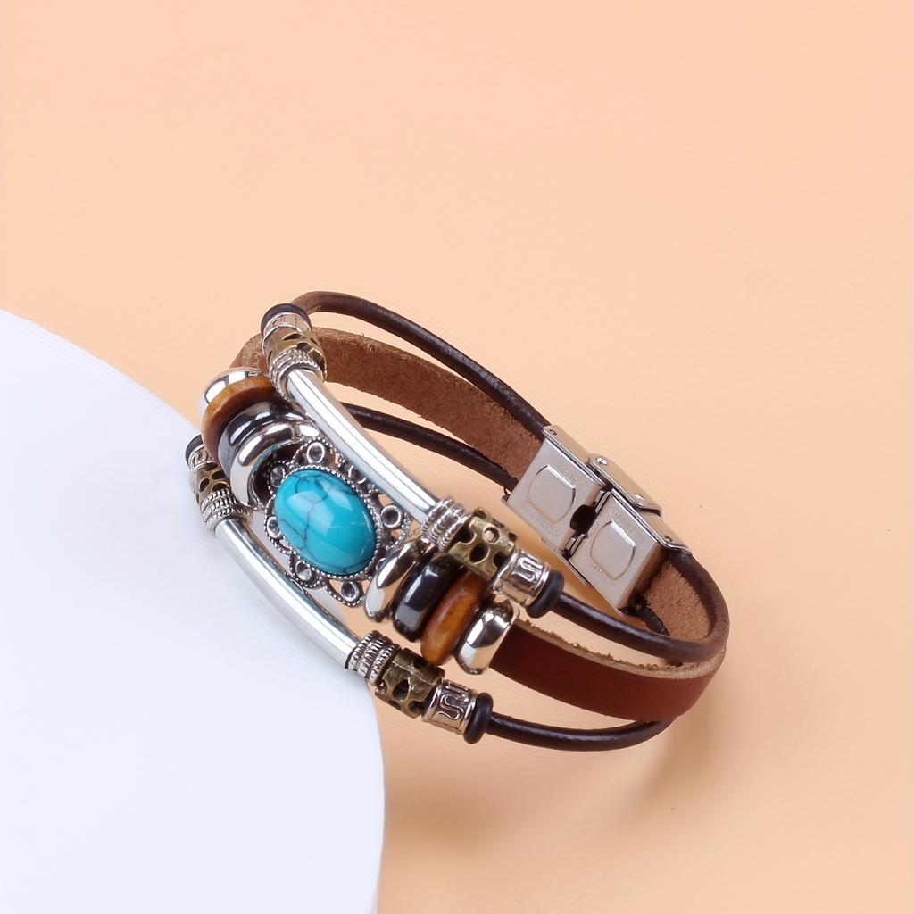 Vintage Style Green Turquoise Beaded PU Leather Stainless Steel Buckle Bracelet