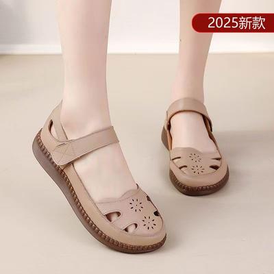 First Layer Cowhide Mother Shoes Summer Sandals New Breathable and Comfortable Medium and Old Non-slip Soft-soled Women's Leather Shoes Casual Shoes
