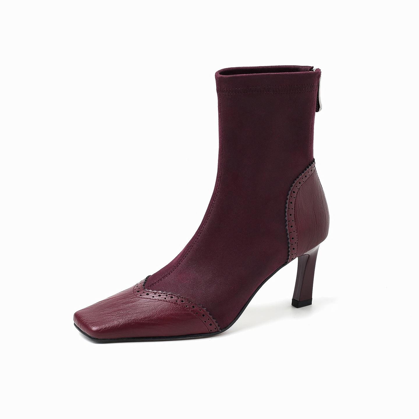 

7CM fashionable and foreign style is thin, elastic and thin boots, female celebrity style versatile splicing square head thin heel small short boots, 34