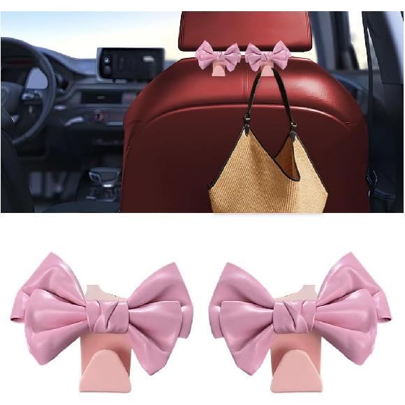 Car Purse Hooks, 2PCS Cute Bow Vehicle Seat Headrest Hanger for Bags, Space Saving Automotive Back Seat Storage Hanging Holder Decor Accessories,