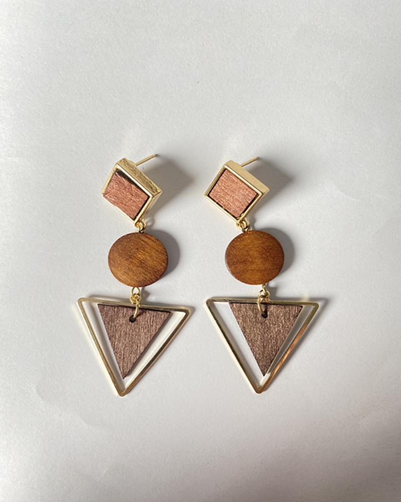 Korean Version Retro Style Natural Wood Geometric Triangle Round Earrings Long Temperament Generous