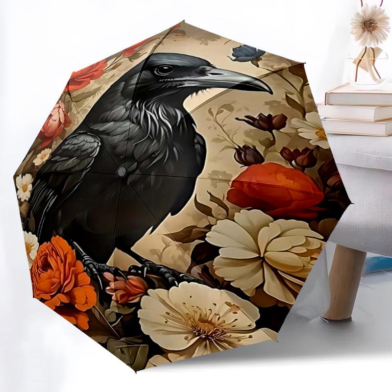 1pc Elegant Raven with Flowers Automatic Opening Folding Umbrella, Outdoor, Perfect Gift for Fans, Travelers, Everyday Use.R032