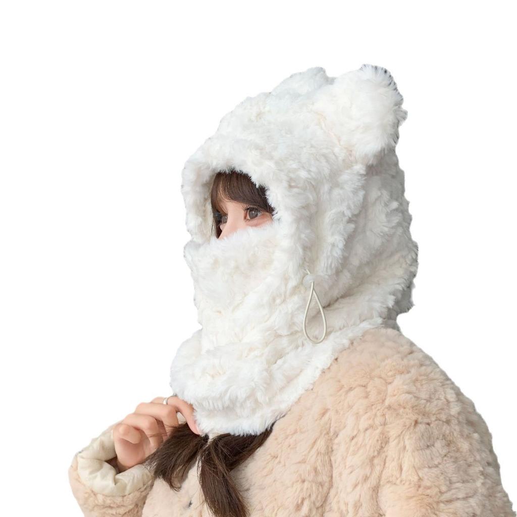 Plush Bear Knitted Ear Protection Hat Mask Scarf Integrated Warmth and Cold Protection Lei Feng Hat Women's Winter Thickened Plush