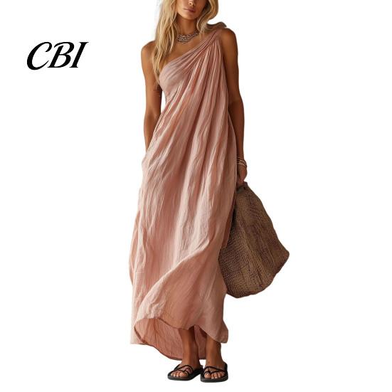 Retro Style Dress Women's Summer One Shoulder Beach Sundress, Pleated A-line Mid-length Loose Flowy Long Dress, Casual Travel Vacation Women