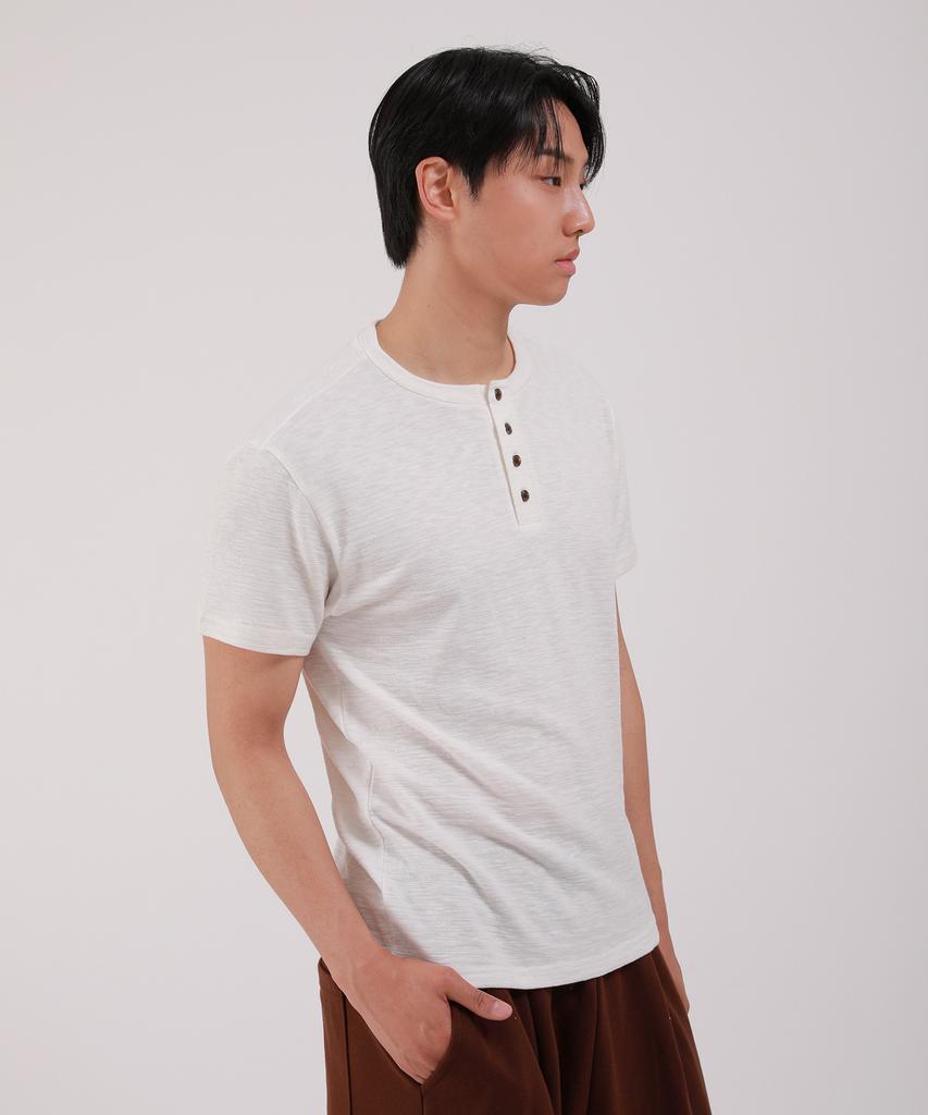 Dibellobeu Slub Henley Neck Short Sleeve T-Shirt_Ivory