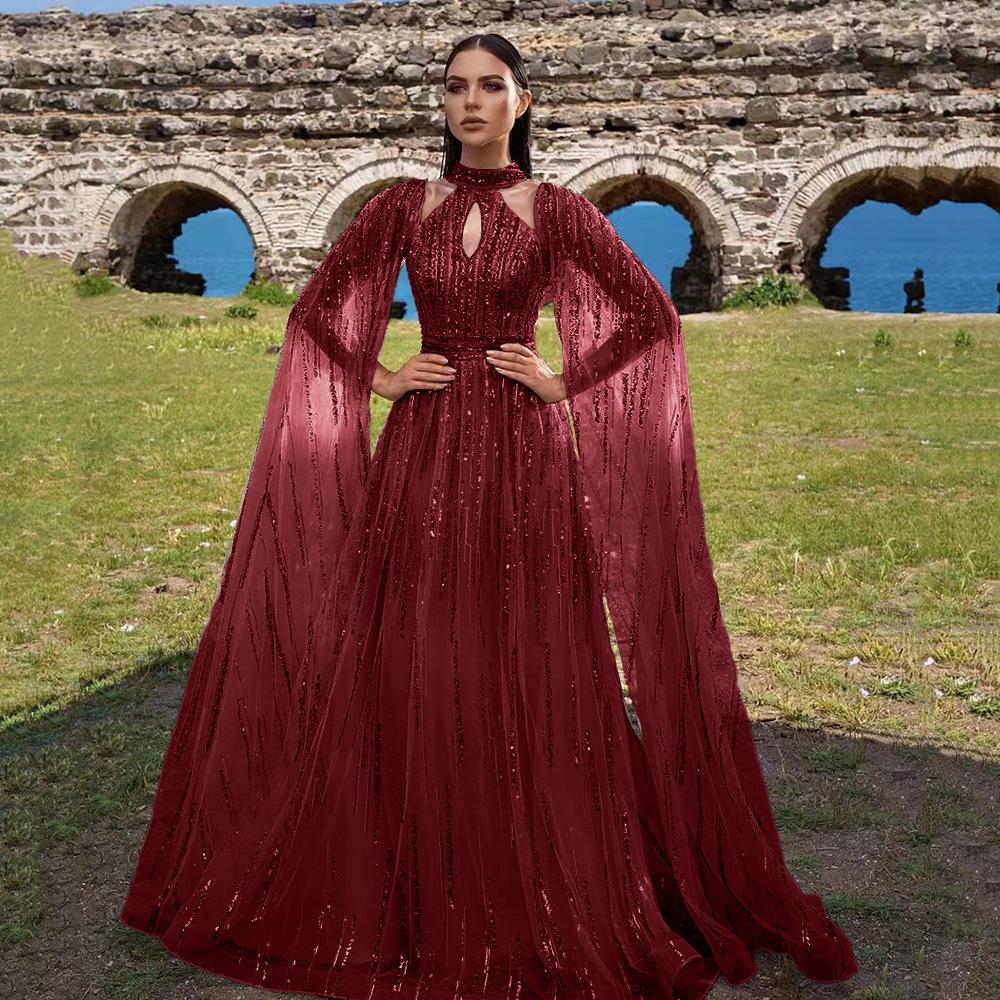 2025 New Spring and Summer European and American Women's Clothing Temperament Mesh Dress Dress Fringed Sequined Evening Dress Dress