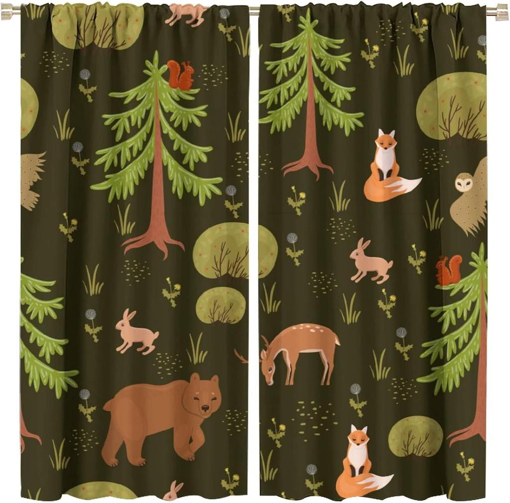 Kids Animal Curtains,Cartoon Forest Woodland Cute Jungle Bear Rabbit Deer Fox Print Window Treatments for Boys Girls Bedroom