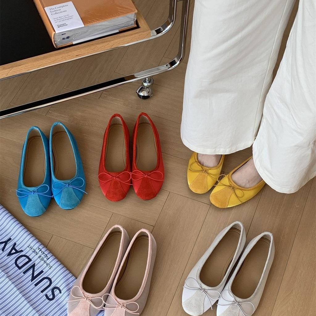 Retro Oma-Schuhe mit flacher Sohle Frühling und Sommer Nische Spleißschleife Ballettstil flacher Ausschnitt beladene Schuhe weichsohlige Einzelschuhe Frauen