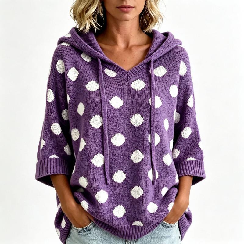 Polka Dot Hooded Knitted Pullover Sweater, European and American Plus Size Loose Seven Quarter Sleeve Sweater