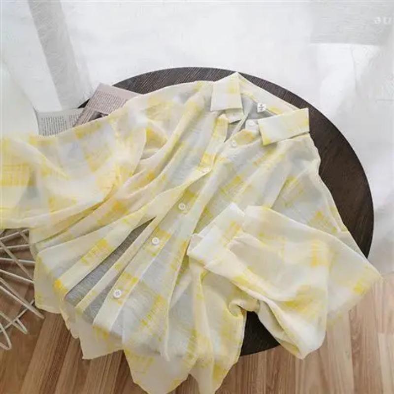 

Шифоновые клетчатые рубашки женские Ins модные нежные мешковатые элегантные легкие солнцезащитные с длинным рукавом верхняя одежда женские OL горячие продажи S жёлтый