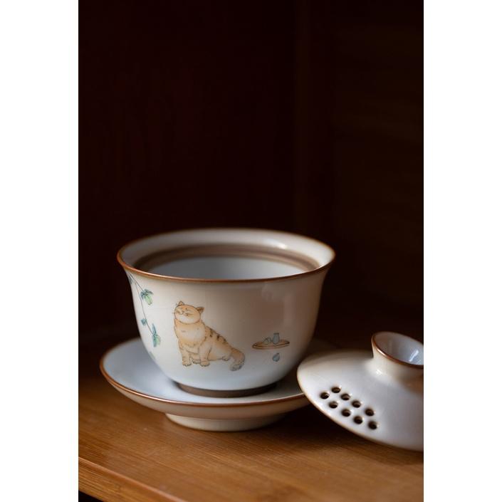 150ml Ceramic Gaiwan Ru Kiln Three Talents Gaiwan Cute Cat Tea Bowl