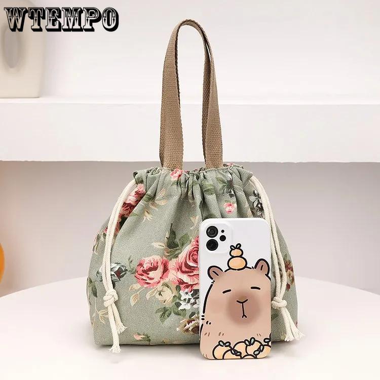 WTEMPO Fashion Printed Lightweight Handbags Women's Embroidered Drawstring Bento Bags Commuting Travel Lunch Box, Storage, Hand-held Cloth Bags